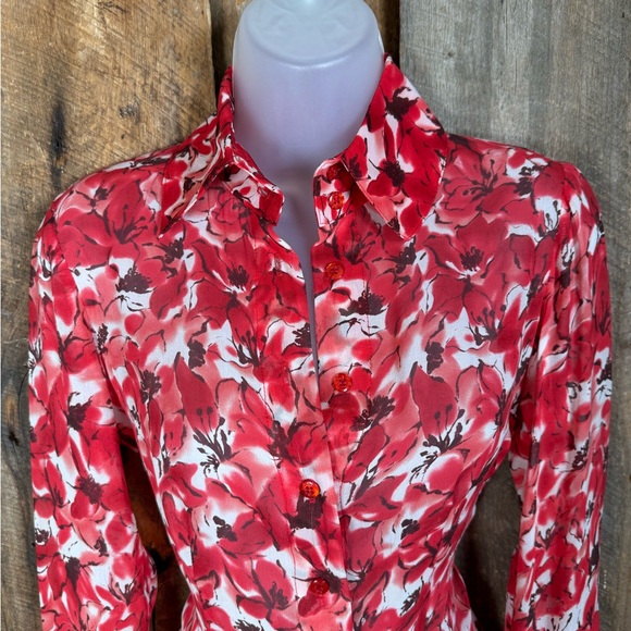 A.B.S. Red Silk Floral Blouse - size Petite - Picture 2 of 11